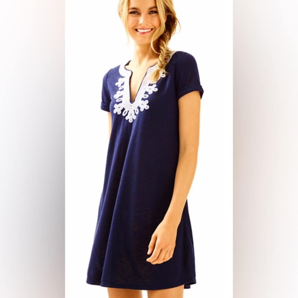 Lilly Pulitzer MAISY SWING T SHIRT DRESS True Navy Embroidered White XS